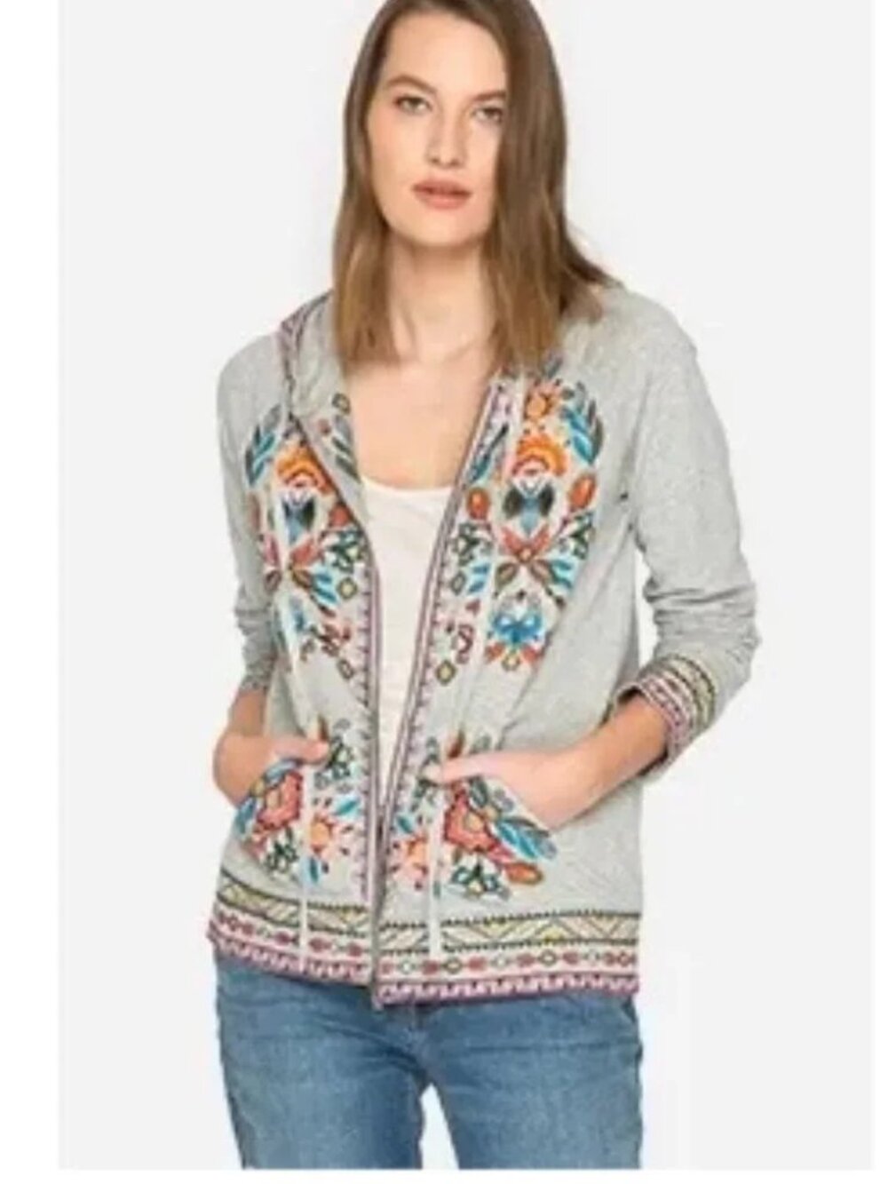 JOHNNY WAS' Izamal embroidered grey hoodie sweatshirt